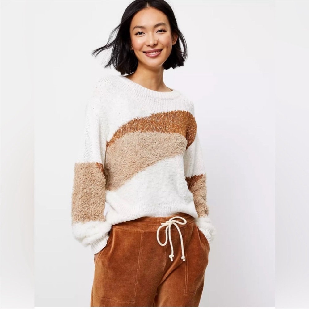 Lou & Grey Fuzzmarl Textured 3D Knit Pullover Sweater Brown/Tan/Ivory Size Small